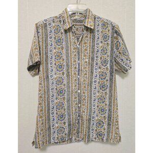 Anokhi Shirt Mens XS Blue Yellow Block Print Short Sleeve Button Up India Cotton